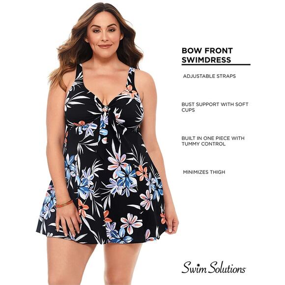 Swim Solutions Tropical Floral Lanai Tummy Control Swimdress One Piece Bow 10 - Picture 3 of 3